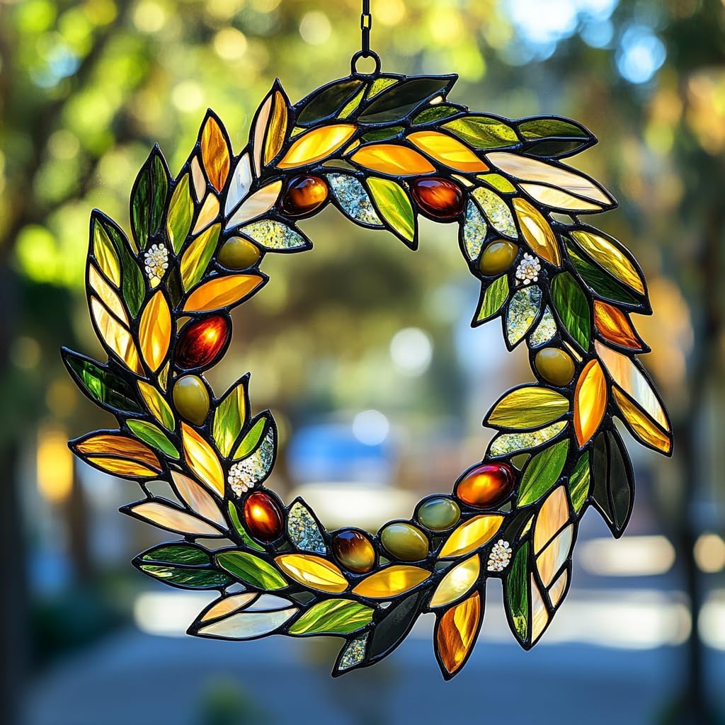 Mistletoe Wreath Acrylic Suncatcher Stained Glass Effect Window Car Hanging Christmas Ornament Indoor Outdoor Decor Garden Sun Catcher Panel for Christmas Lover for Women Mom Grandma
