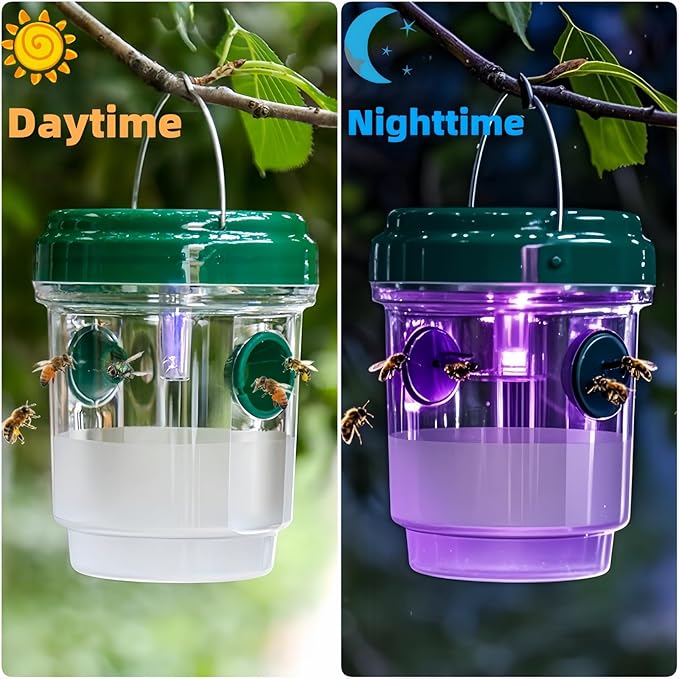 3 Pack Wasp Traps Outdoor Hanging, Solar Bee Trap for Outside with LED Light, Hornet Deterrent, Yellow Jacket Catcher, Reusable for Garden, Orchard, Indoor