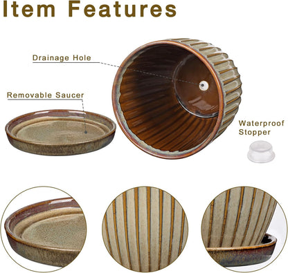 Oairse Ceramic Pots for Indoor Plants, 7.8 inch Pots for Plants Brown Planters with Drainage Holes and Saucers Texture Ceramic Planters Indoor Outdoor for Succulent