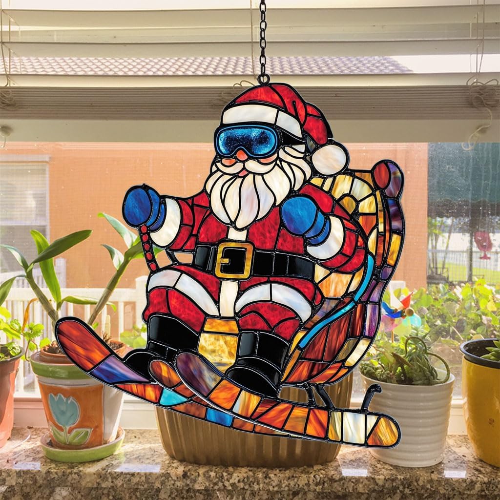 Funny Santa Claus Skiing Acrylic Suncatcher Stained Glass Effect Window Car Hanging Christmas Ornament Indoor Outdoor Decor Garden Sun Catcher Panel for Christmas Lover for Women Mom Grandma