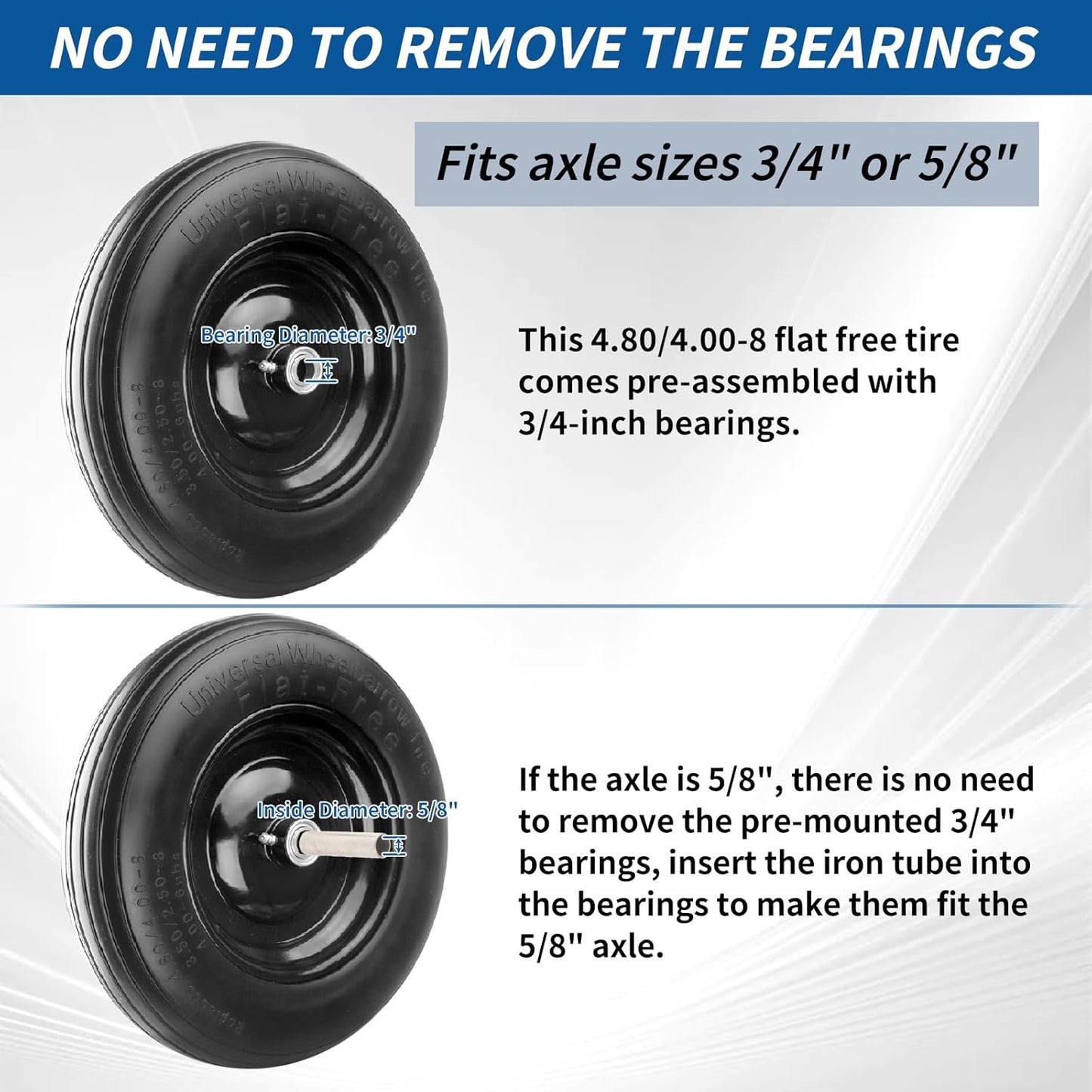 RRQ 4.80/4.00-8 Tire Flat Free, 14.5" Solid Wheelbarrow Tire with 3" Centered Hub and 3/4" Bearings(Comes with 5/8" ID Iron Tube Adapter), Universal Fit 4.80-8, 4.00-6, 3.50/2.50-8 Wheelbarrow Wheels