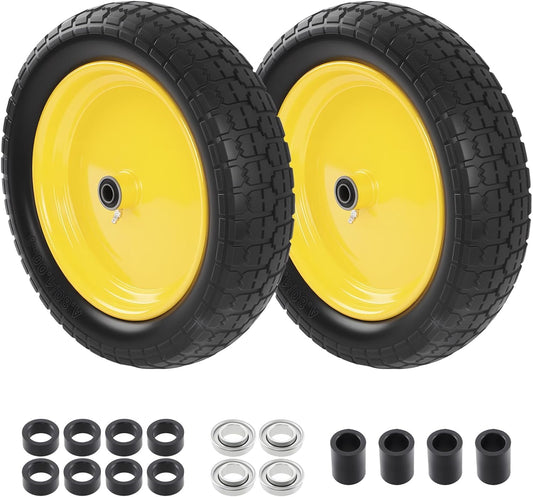 HQPASFY 2 Pack 16" Flat Free Tire 4.80/4.00-8 Wheelbarrow Tire and Wheel, 3" Centered Hub, 5/8" &
