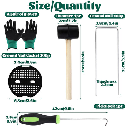 DAJAVE 100 Pack Landscape Staples 6 Inch 11 Gauge U-Shaped Garden Stakes,100Pcs Gasket with Hammer Pick Hook and Gloves Pair, Ground Staples for Securing Weed Barrier Fabric, Irrigation Tubing