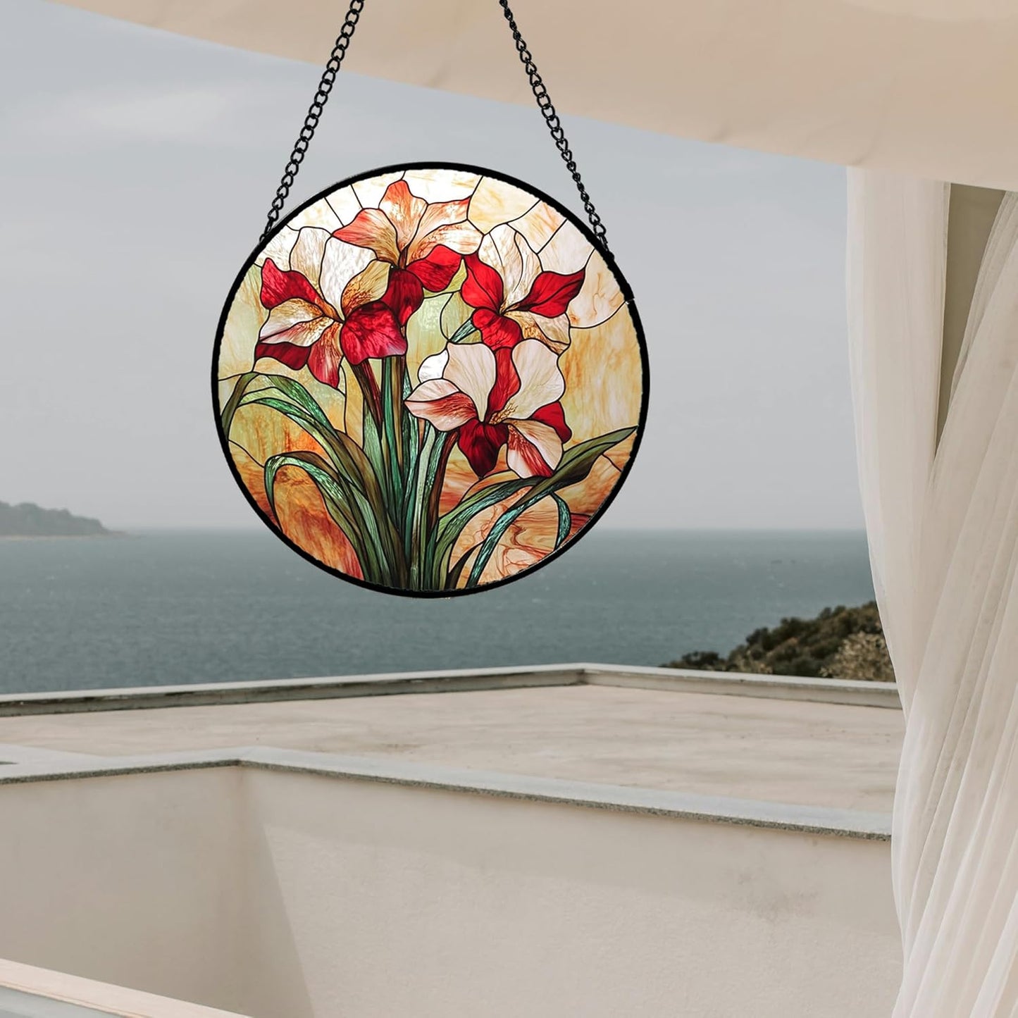 Stained Glass Window Hanging - Red Gladiolus Flower Suncatcher for Door Yard Sun Catchers Decor Christmas Mother's Day Birthday Gifts for Lovers Women Mom Nana Girlfriend Wife 7.8 in