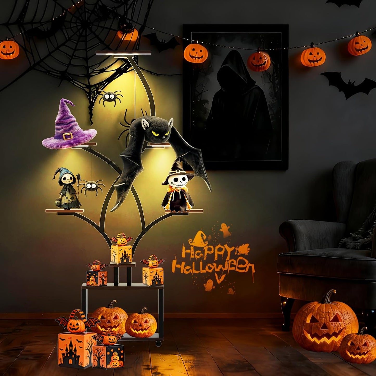Halloween Plant Stand with Grow Lights, 8-Tiered Metal Shelf for Spooky Home Decor, Display for Pumpkins & Eerie Plants, Create an Eerie Ambiance for Patio & Indoor