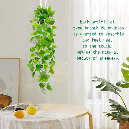 Fake Pothos in Rope - Hanging Pot, Artificial Pothos Plants for Home Decor Indoor Macrame Plant Hanger with Faux Vine Hanging Planter Greenery for Bedroom Bathroom Kitchen Office Decor