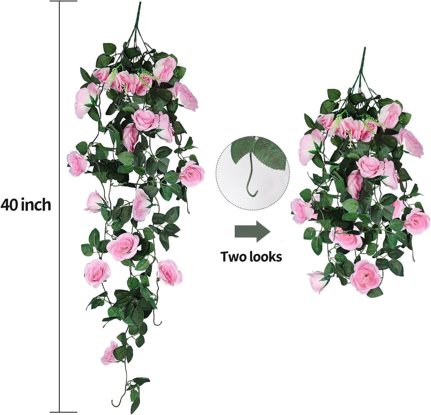 RECUTMS 4PCS Artificial Rose Vine Hanging Plants Fake Flower Outdoor Flowers UV Resistant for Indoor Outside Garden Porch Window Box Home Wedding Farmhouse (Pink)