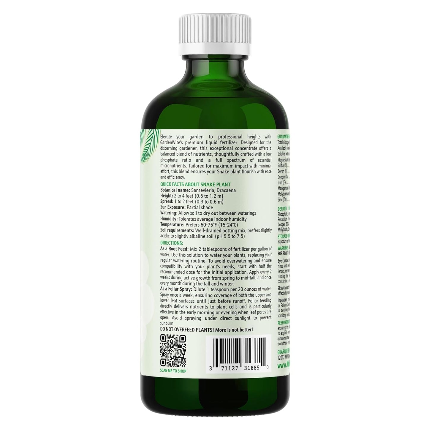 3-1-2 Liquid Fertilizer Concentrate with Micronutrients - Ideal Snake Plant Food for Sansevieria (Dracaena trifasciata), Indoor Plant Care (32 OZ)