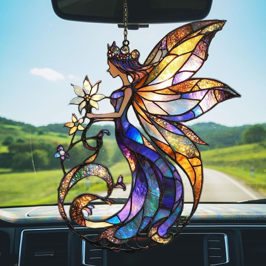 Flowers Fairy Acrylic Suncatcher Stained Glass Effect Window Car Hanging Christmas Ornament Indoor Outdoor Decor Garden Sun Catcher Panel for Fairy Lover for Women Mom Grandma