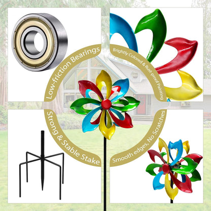 Colorful Metal Wind Spinners for Outdoor - 13 Inch Smooth Spinning Garden Wind Sculptures, Wind-Catcher with Upgraded Stable Stakes for Yard & Patio Decoration