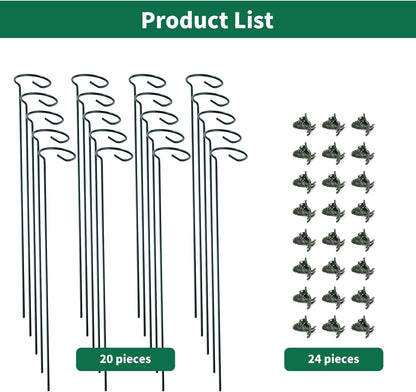 20 Pack Plant Support Stakes with 24 Pcs Plant Clips, Garden Single Stem Support Stake, Plant Cage Support Ring for Indoor Outdoor Flowers Rose Amaryllis Tomatoes Peony Lily Orchid (24 Inch)