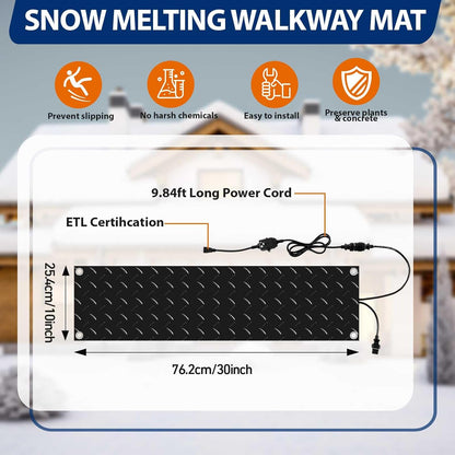 Riakrum 7 Pcs Heated Snow Melting Mats Outdoor, 10 x 30 in Winter Anti-Slip Heated Rubber Mat for Walkways Decks and Sidewalks, Snow and Ice Melting Pads Connection with 9.84 ft Power Cord