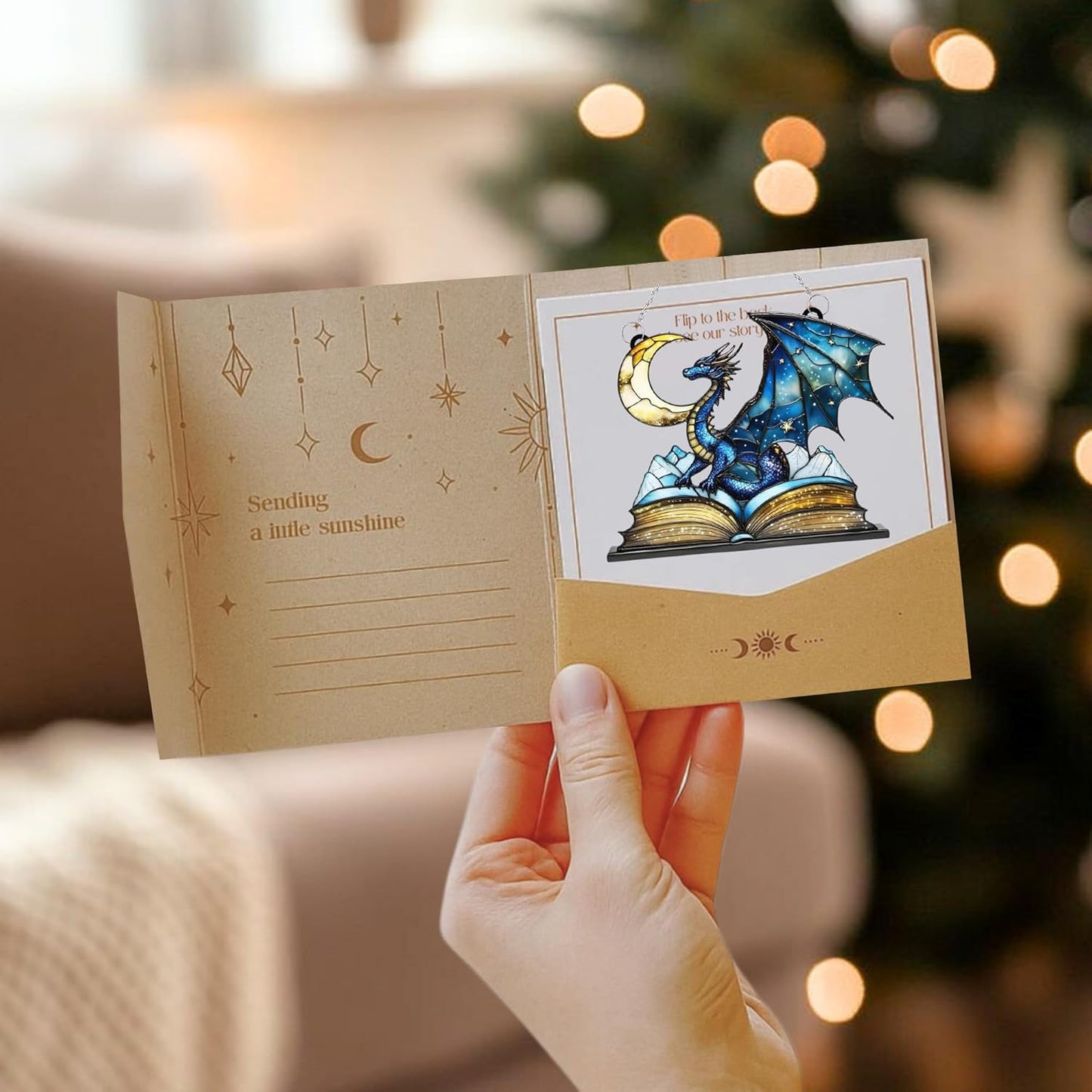 Dragon Moon Book Bookworm Acrylic Suncatcher Stained Glass Effect Window Car Hanging Christmas Ornament Indoor Outdoor Decor Garden Bookish Sun Catcher Book Lover for Women Mom Grandma