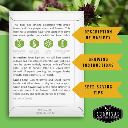 Survival Garden Seeds - Thai Basil Seed for Planting - 2 Packets with Instructions to Plant and Grow Asian Basil Indoors or Outdoors in Your Home Vegetable Garden - Non-GMO Heirloom Variety