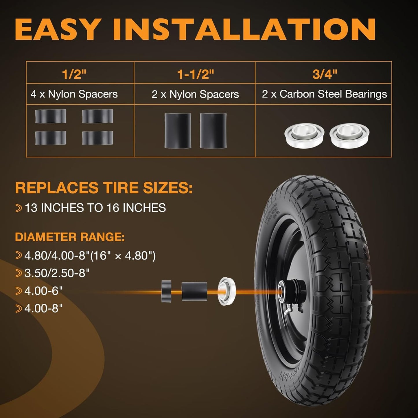 HQPASFY 14.5" Flat Free Tire 4.80/4.00-8 Wheelbarrow Tire and Wheel, 3" Centered Hub, 5/8" & 3/4" Bearings Replacement for Wheelbarrows, Garden Carts, Dump Carts, Lawn Equipment