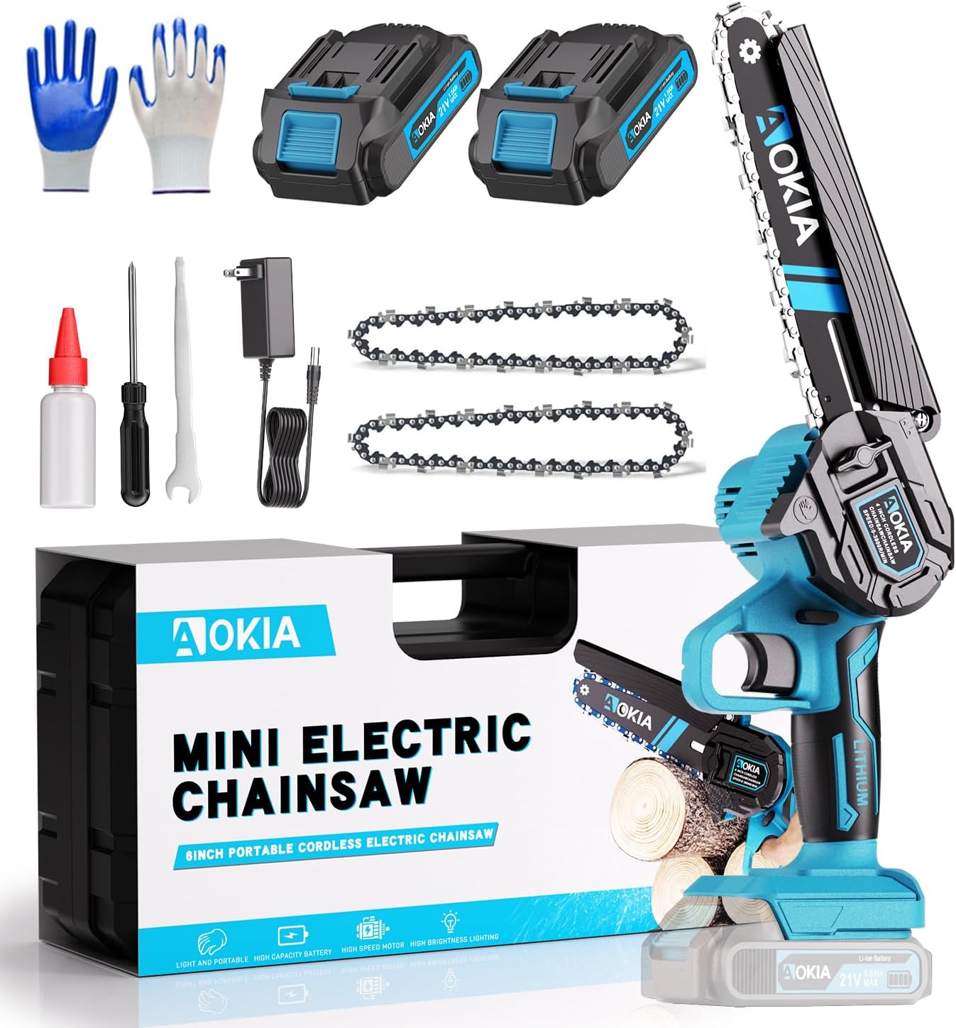 Cordless Mini Chainsaw 21V,6In Electric Chainsaw,Handheld & Portable Power Chain Saw for Tree Trimming Pruning Garden & Yard Work,2 Battery Chain Saw Gifts for Men Women Dad Blue