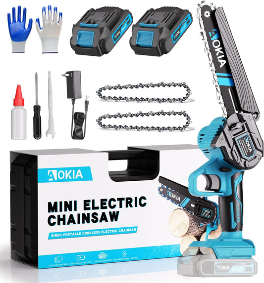 Cordless Mini Chainsaw 21V,6In Electric Chainsaw,Handheld & Portable Power Chain Saw for Tree Trimming Pruning Garden & Yard Work,2 Battery Chain Saw Gifts for Men Women Dad Blue