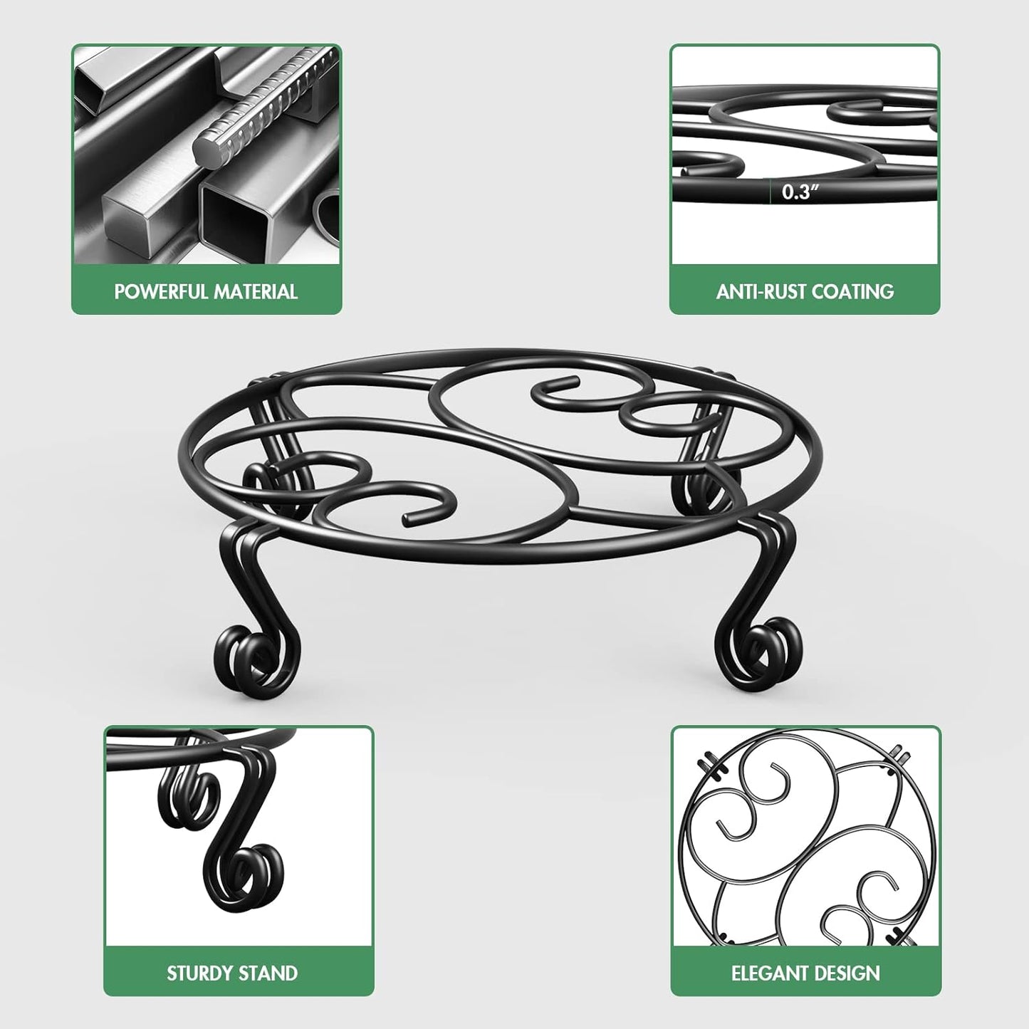 Yimobra 4 Pack Plant Stand for Flower Pot Heavy Duty Potted Holder Indoor Outdoor Metal Rustproof Iron Garden Container Round Supports Rack for Planter (4PC Black 9.4 x 2 IN)