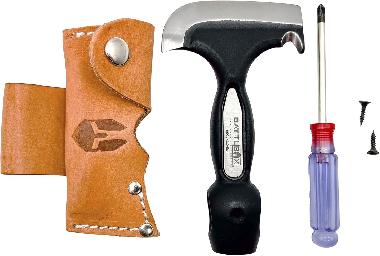 BATTLBOX Skachet Axe Head Skinner Hammer Hatchet Vintage Survival Tool - 3.5in Carbon Steel Blade Edge - Genuine Leather Sheath, Belt Loop - Bushcraft Outdoor Survival Ax Skatchet