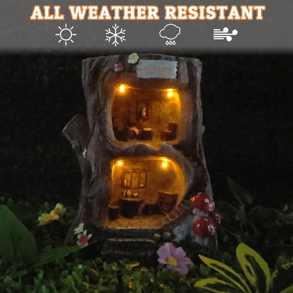 QWEWQE Tree House Solar Statue Outdoor Garden Statue with Solar Lights Fairy Tree House Indoor Outdoor Art Decoration Sculpture Lawn Ornaments for Patio Yard Outside Decorations