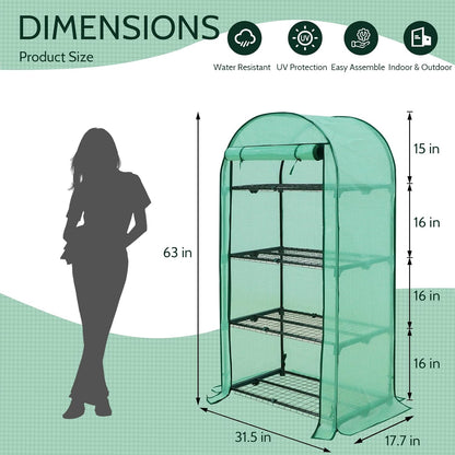 EAGLE PEAK Mini Greenhouse with Wire Shelves, Portable Indoor & Outdoor Green House with Roll-Up Zipper Door, 4 Tier, 31.5”x17.7”x63.0”, Green PE Cover