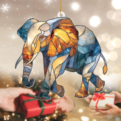 Elephant Ornament Stained Glass Style Acrylic – Window Hanging Suncatcher, Elephant Gifts for Women, Wildlife Animal Decor, Rearview Mirror Ornament, Holiday Christmas Tree Decorations(Sun-27)