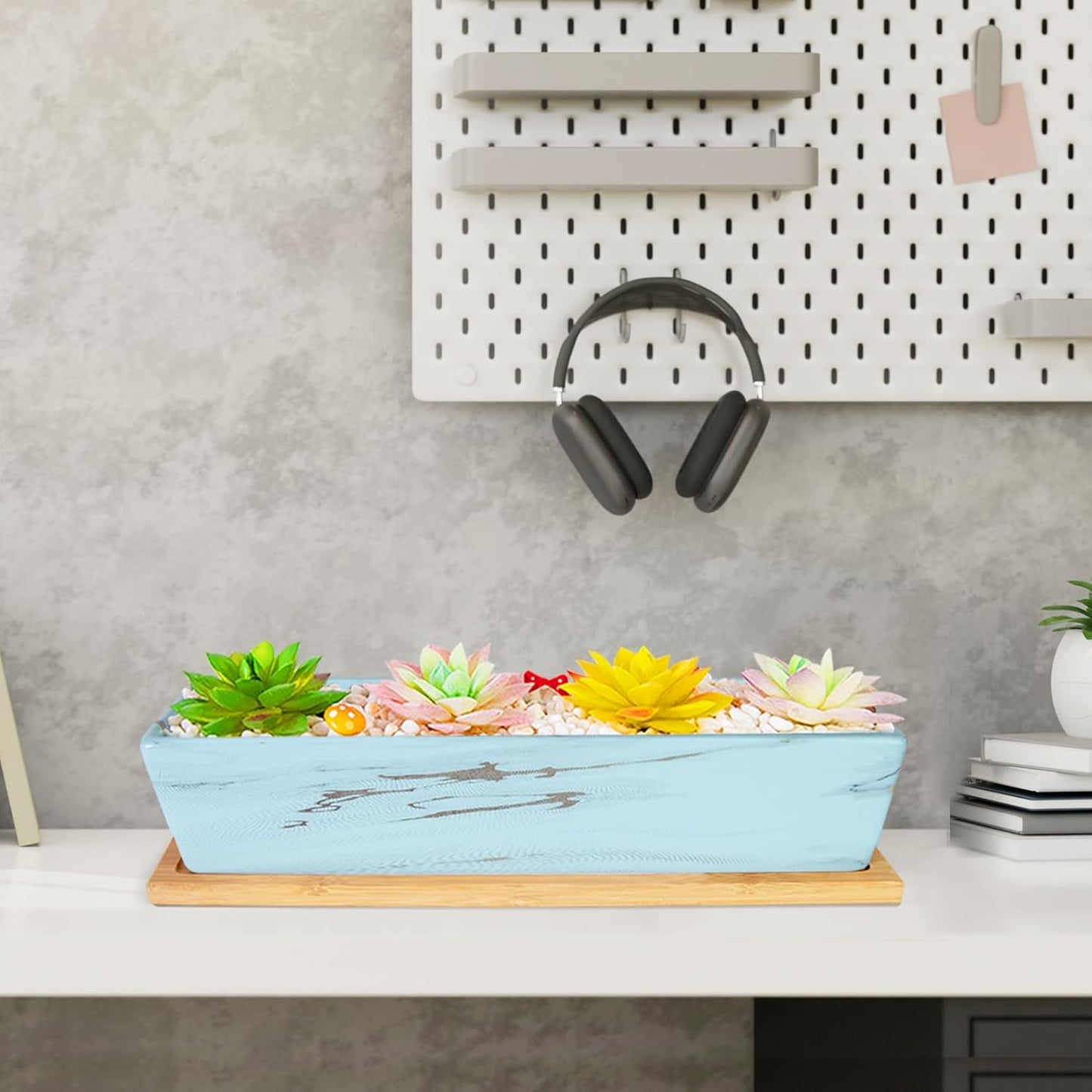 Succulent Pots - 12.1 Inch Large Succulent Pots with Drainage Tray, Window Sill Planter, Long Rectangle Ceramic Pots for Indoor Cactus/Succulent Plants Shallow Bonsai Window Box for Home Garden Decor