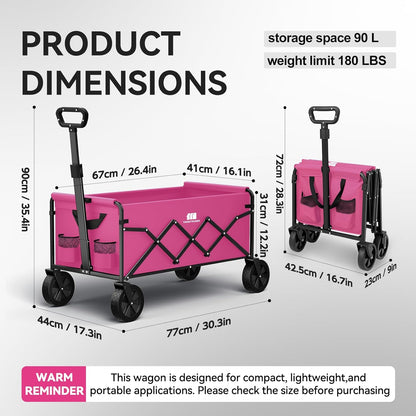 Collapsible Folding Wagon, Heavy Duty Pink Foldable Wagon Cart with Wheel, Lightweight Utility Grocery Cart with 200lbs Weight Capacity for Garden, Beach, Camping Sports, Fishing