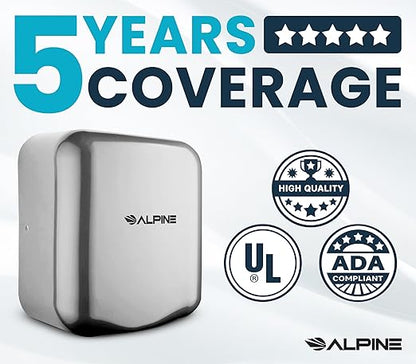 Alpine Automatic Hand Dryers for Bathrooms Commercial High Speed 110-120V Stainless Steel Electric Hand Dryer, Plug In & Hardwire Options with Air Filter, ADA & UL Compliant & 5 Years Coverage(Chrome)