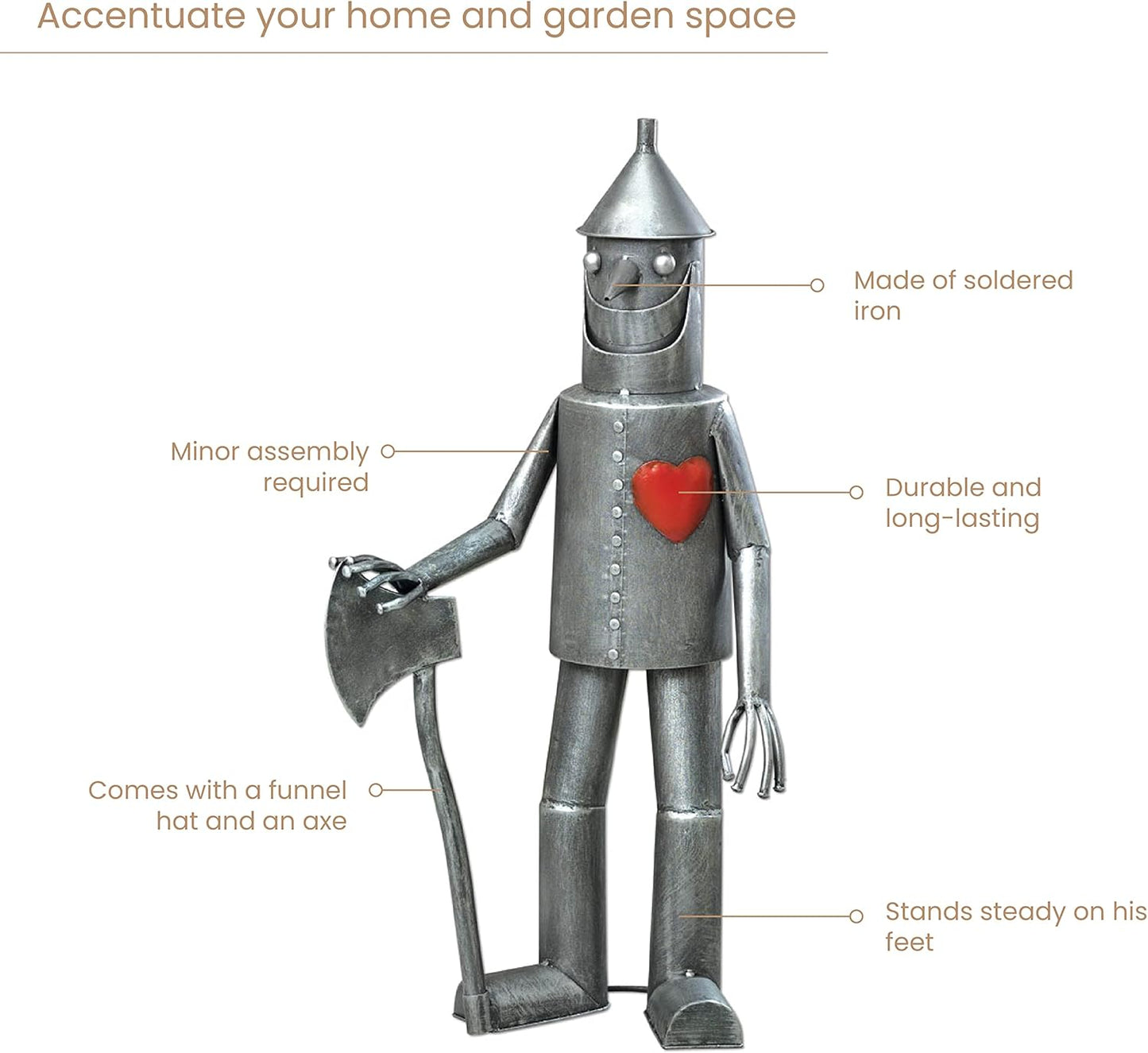 Bits and Pieces - 30 ½” Tall Tin Woodsman with a Heart Garden Statue - Yard Decorations - Outdoor Sculptures - Garden Decor - Tin Man Yard Art