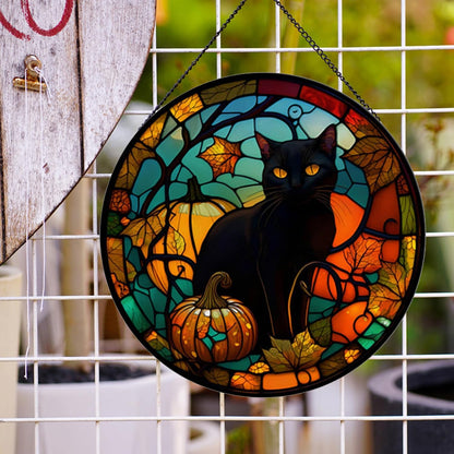 Black Cat Pattern Suncatcher Stained Glass,Hanging Stained Glass for Windows for Cat Lovers,20cm/7.87inch Hand-Painted Sun Catcher Garden Hangings Halloween Fall Christmas Decor for Home
