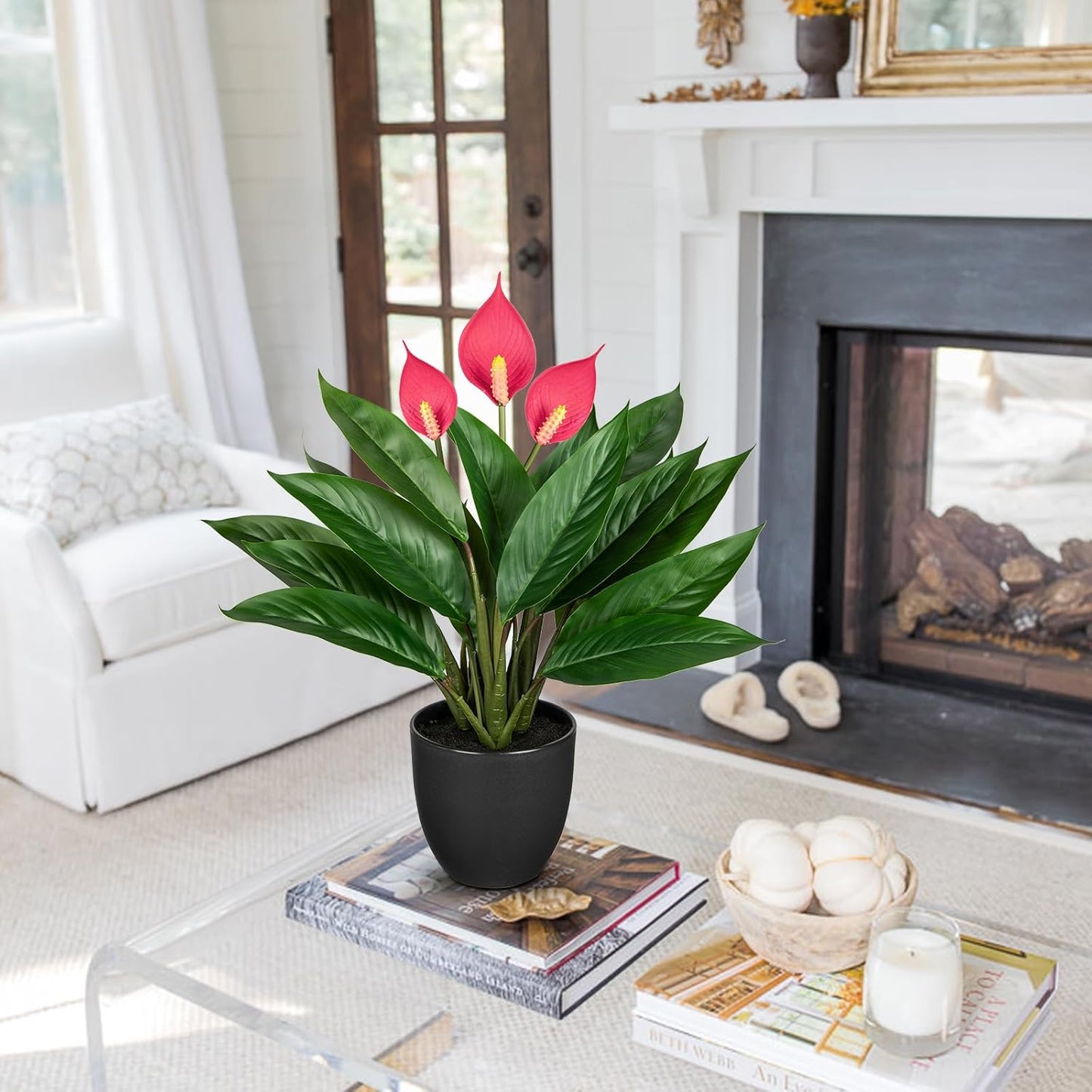 20'' Realistic Pink Anthurium Artificial Plant, Fake Potted Plants for Home Office Farmhouse Kitchen Bathroom Table Shelf Decor