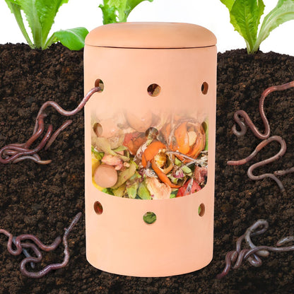 Underground Worm Farm 10 * 4.13 * 4.13Inch Garden Composting bin Ceramics Outdoor Gardening Compost Bin with Holes and Lid Clay for Vegetable Backyard Compost Bin Outdoor