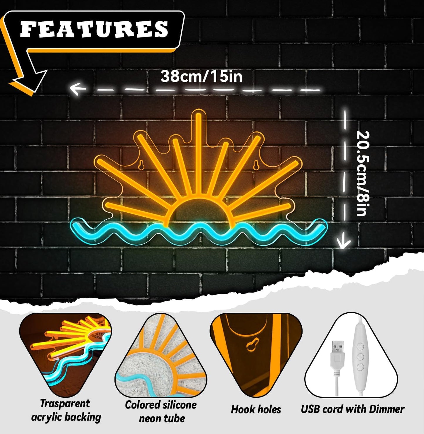 Sunrise Sunset Neon Sign Sun Wave Neon Signs for Bedroom, Beach Bar, Party, Man Cave, Living Room Wall Decor USB Powered Led Neon Light Sign with Dimmer Switch