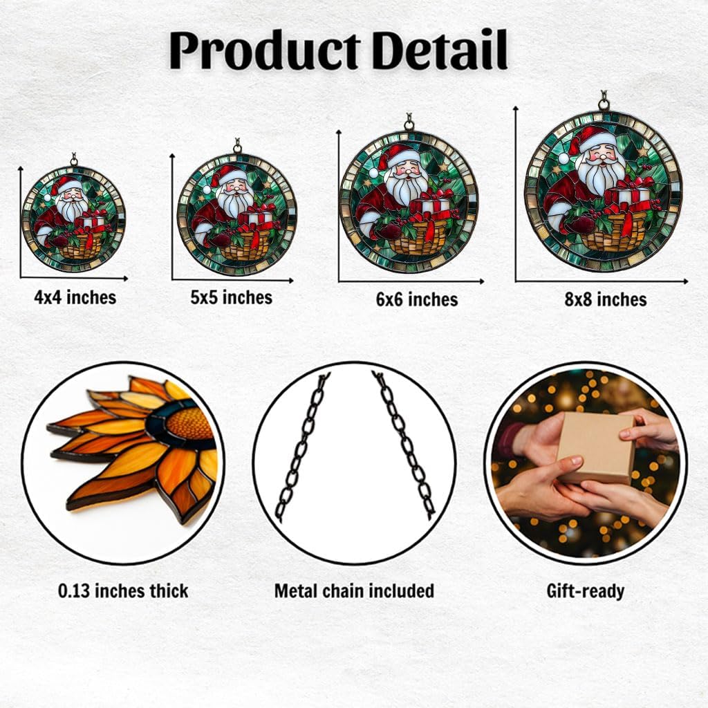 Santa Claus and Presents Acrylic Suncatcher Stained Glass Effect Window Car Hanging Christmas Ornament Indoor Outdoor Decor Garden Sun Catcher Panel for Christmas Lover for Women Mom Grandma