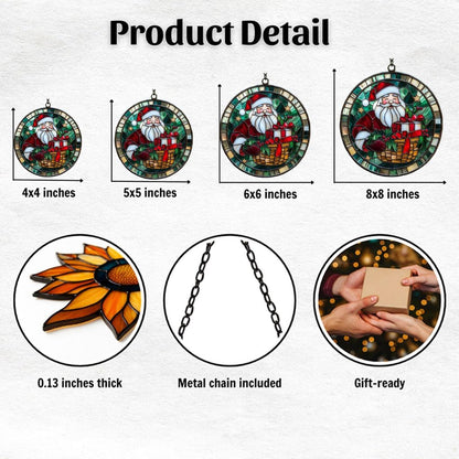 Santa Claus and Presents Acrylic Suncatcher Stained Glass Effect Window Car Hanging Christmas Ornament Indoor Outdoor Decor Garden Sun Catcher Panel for Christmas Lover for Women Mom Grandma