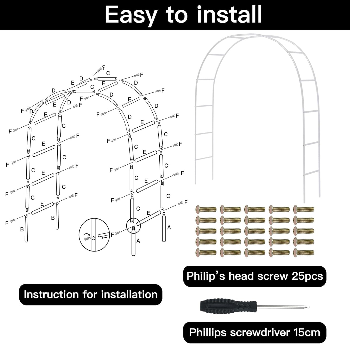 RUBFAC 94" Metal Wedding Arch Frame, White Garden Trellis for Climbing Plants Outdoor, Garden Arbors and Arches Party Archway for Flower Rose Vines Birthday Bridal Christmas Decoration