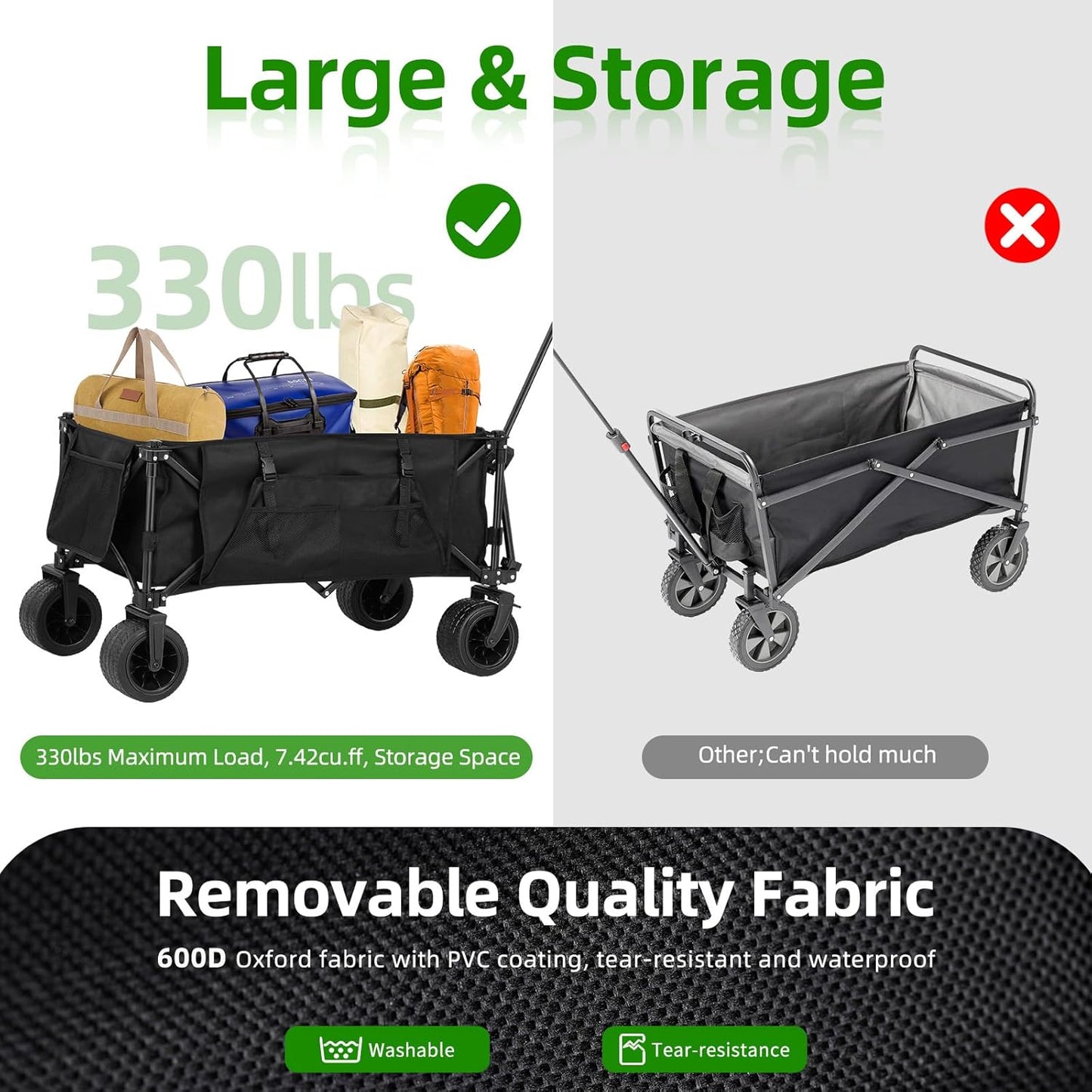 TOMSHOO Wagons Cart 120L Collapsible Wagon 330lbs Load Universal Wheels Wagons Carts Foldable with Cup Holders, Side Pocket and Brakes for Camping, Garden, Sports, Beach, Shopping, Black