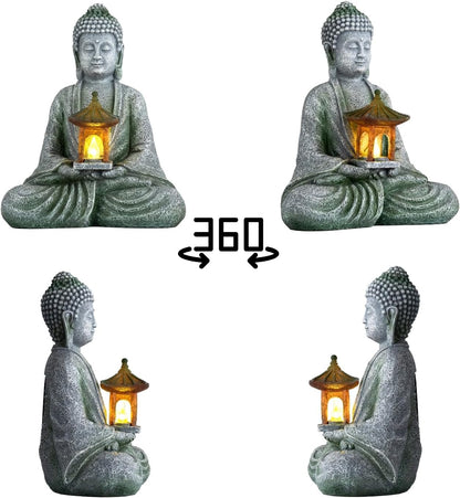 Buddha Garden Statue with Solar Light, Resin Zen Decor for Outdoor Patio or Indoor Meditation, Spiritual Gift for Women and Friends (Grey Pavilion)