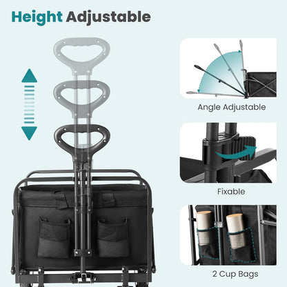 OLIXIS Heavy Duty Wagon Cart, 360 lbs Foldable Large Collapsible Wagons Carts with Wheels Smooth Maneuverability for All-Terrain, Suitable for Gardening, Camping, Beach - Black