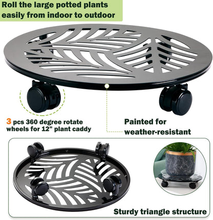 3 Packs Large Metal Plant Caddy with PU Wheels 13.6" Heavy-duty Wrought Iron Rolling Plant Stands Indoor Outdoor Wheeled Plant Dolly Planter Mover Rollers Plant, Leaf Style