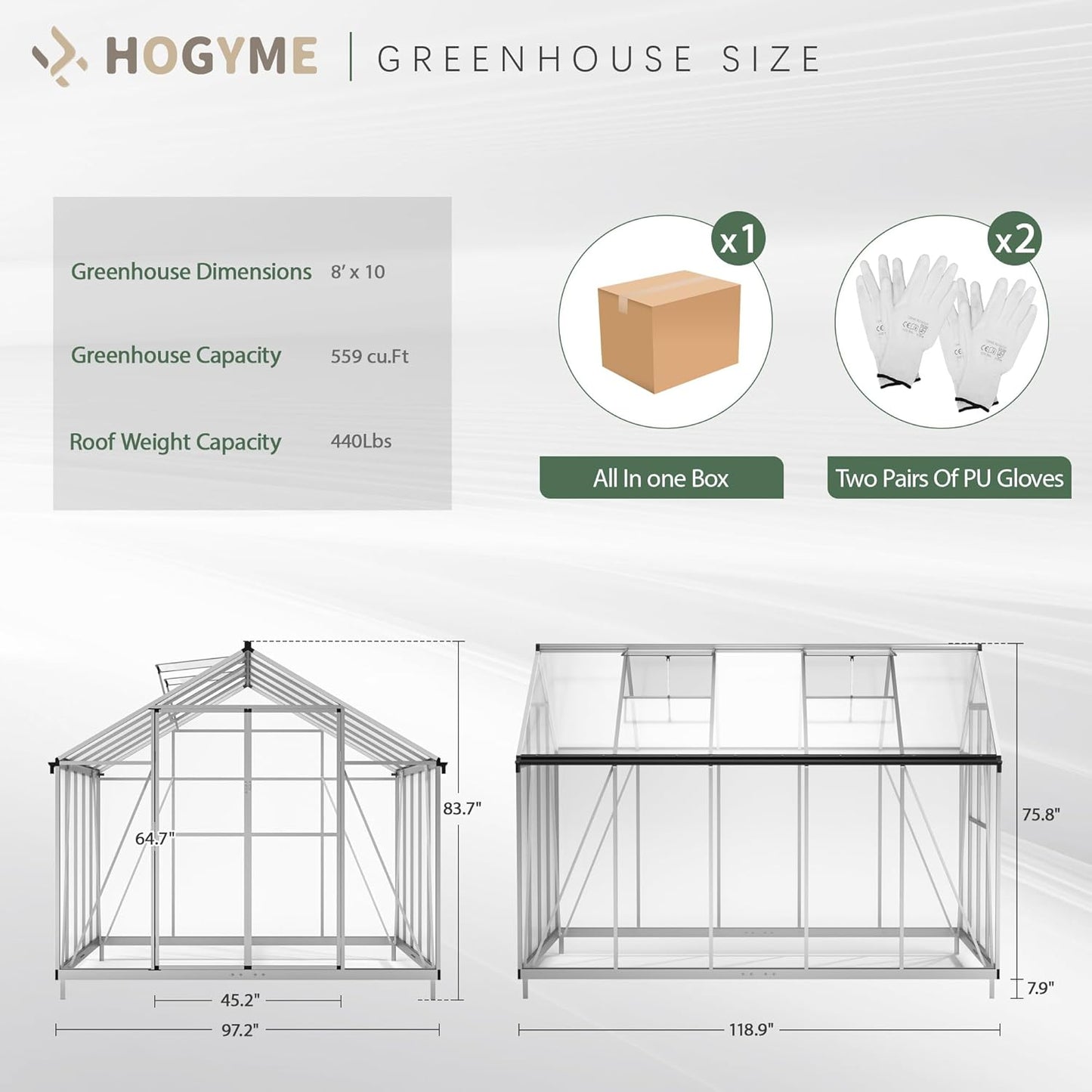 8x10 FT Greenhouse for Outdoors, Polycarbonate Green House with Quick Assembly Structure and Roof Vent, Large Aluminum Walk-in Green House for Outside Garden Backyard, Silver