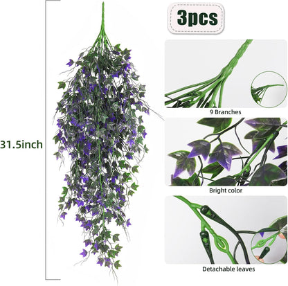 Artificial Ivy Vines Fake Plants Artificial Hanging Plants Faux Hanging Ivy Leaves Artificial Plants UV Resistant Plant for Outdoor Terrace Garden Decoration Indoor Bathroom Wall Decor(Purple)