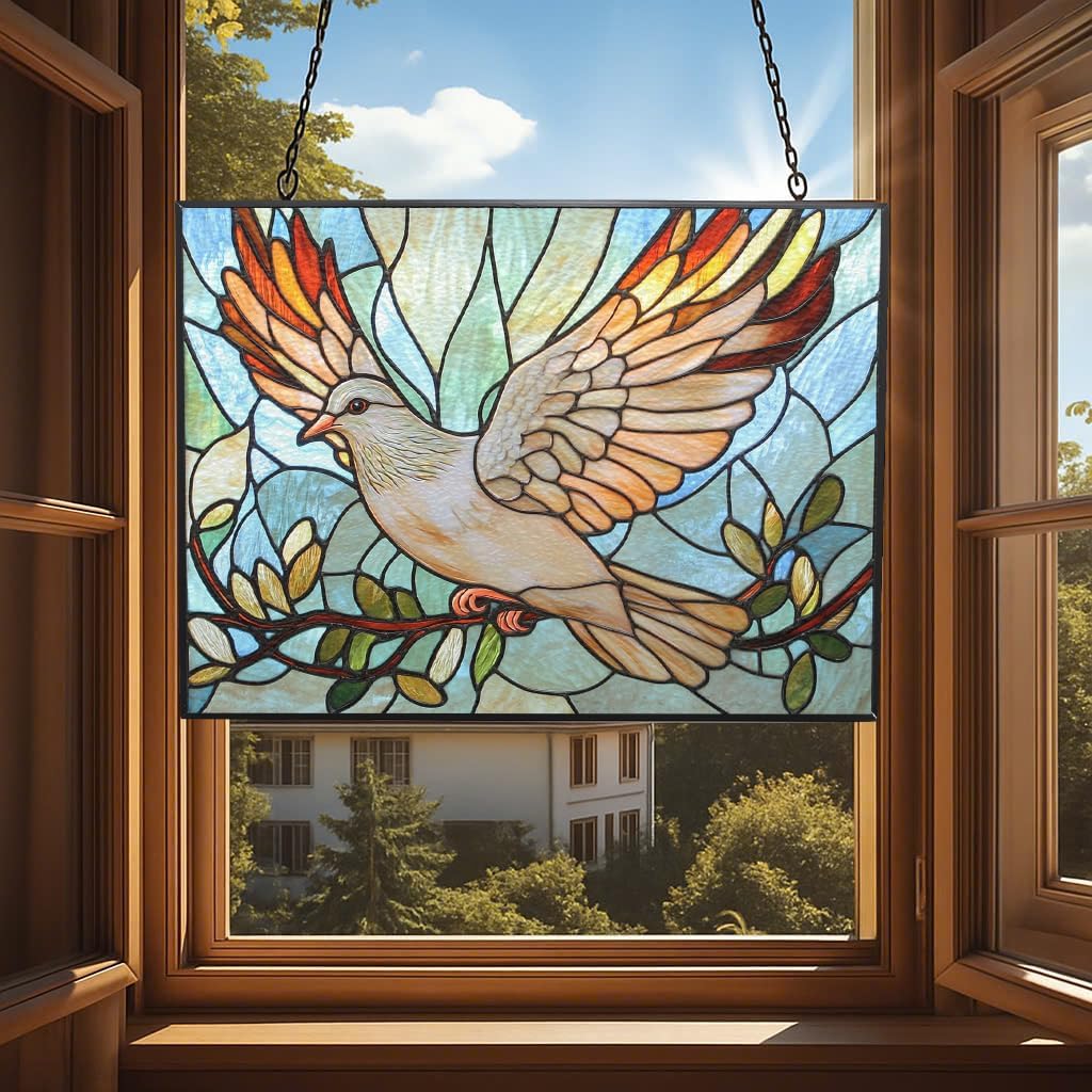Rectangle Art Nouveau Dove and Olive Suncatchers for Windows, Stained Glass Window Hangings,Hand-Painted Glass Panel Perfect for Home Décor