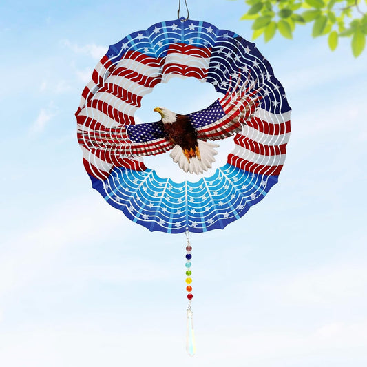 American Eagle Wind Spinner Crystal Tail, Marzovitra 10 inch 3D Stainless Steel Hanging Wind Spinner Metal Wind Catchers Kinetic Sculpture for Indoor,Outdoor Garden Decor,Yard Art