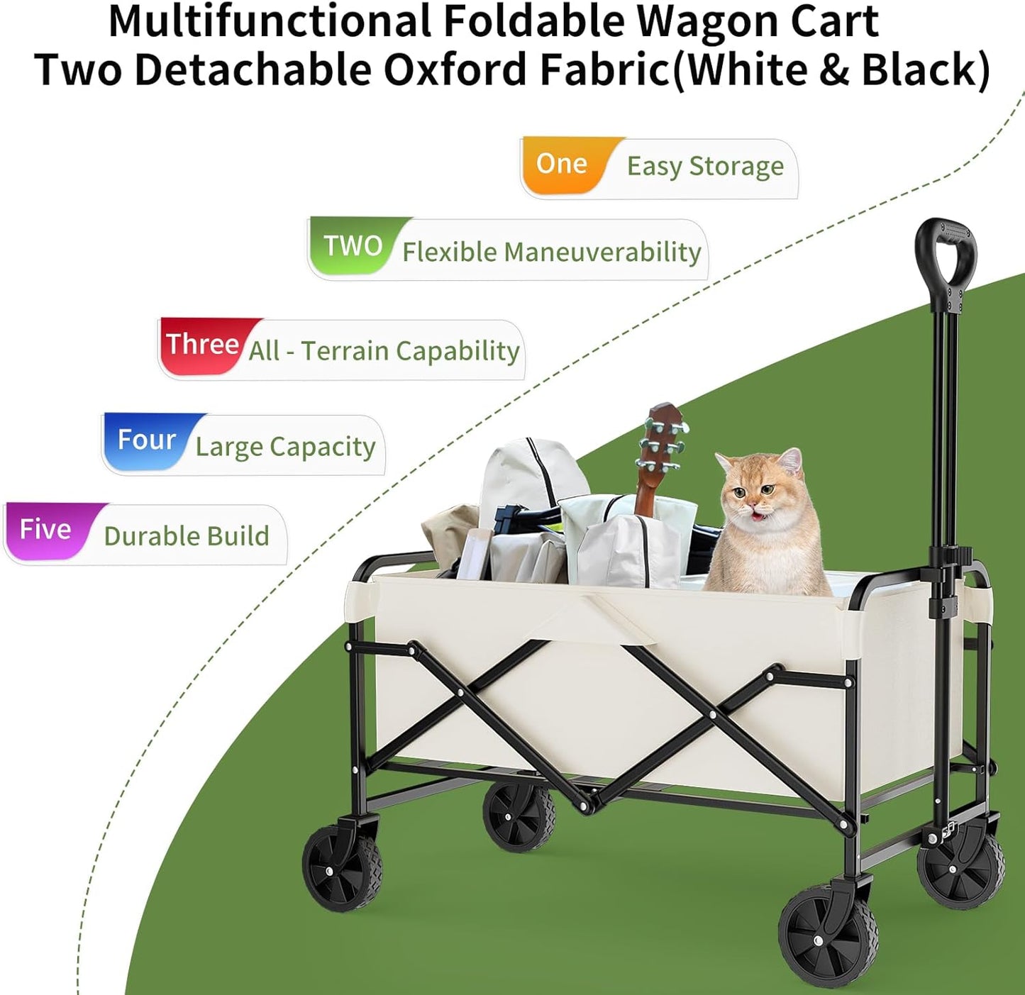Collapsible Wagon Cart with 5" Removable 360° Swivel Wheels & Adjustable Handle, 220lbs Load Capacity, Dual Detachable Oxford Covers (White+Black)， MDF Base, All-Terrain Portable Utility Cart