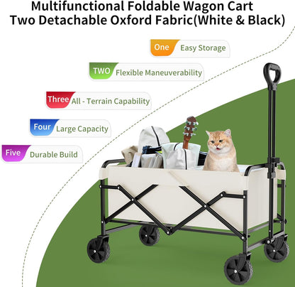 Collapsible Wagon Cart with 5" Removable 360° Swivel Wheels & Adjustable Handle, 220lbs Load Capacity, Dual Detachable Oxford Covers (White+Black)， MDF Base, All-Terrain Portable Utility Cart