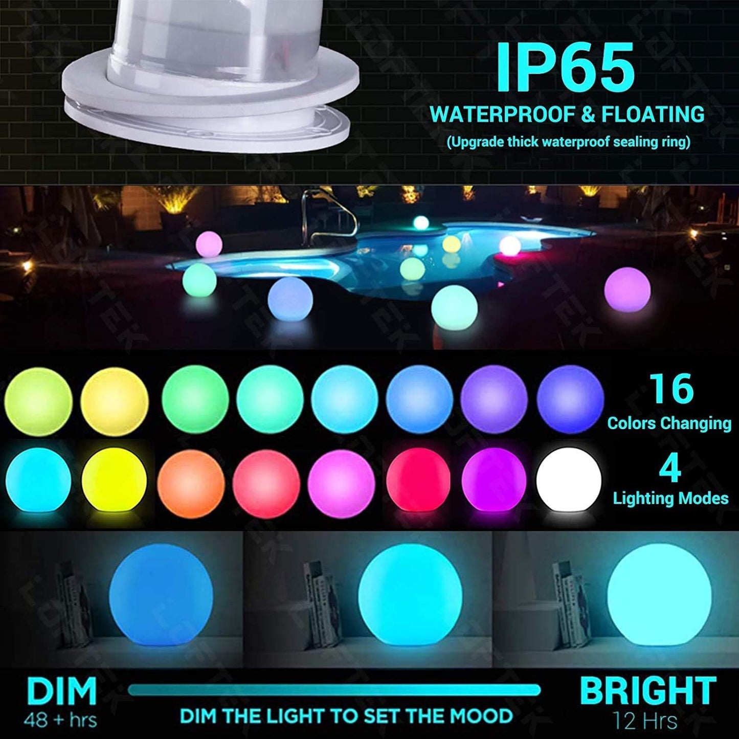 LOFTEK Pool LED Light Ball - 12-inch Sphere Lamp Rechargeable - 16 RGB Cool Lamp for Bedroom Ambient Lighting - Smart Night Light for Baby Nursery - Waterproof Light for Yard & Pool Decor, 1PCS