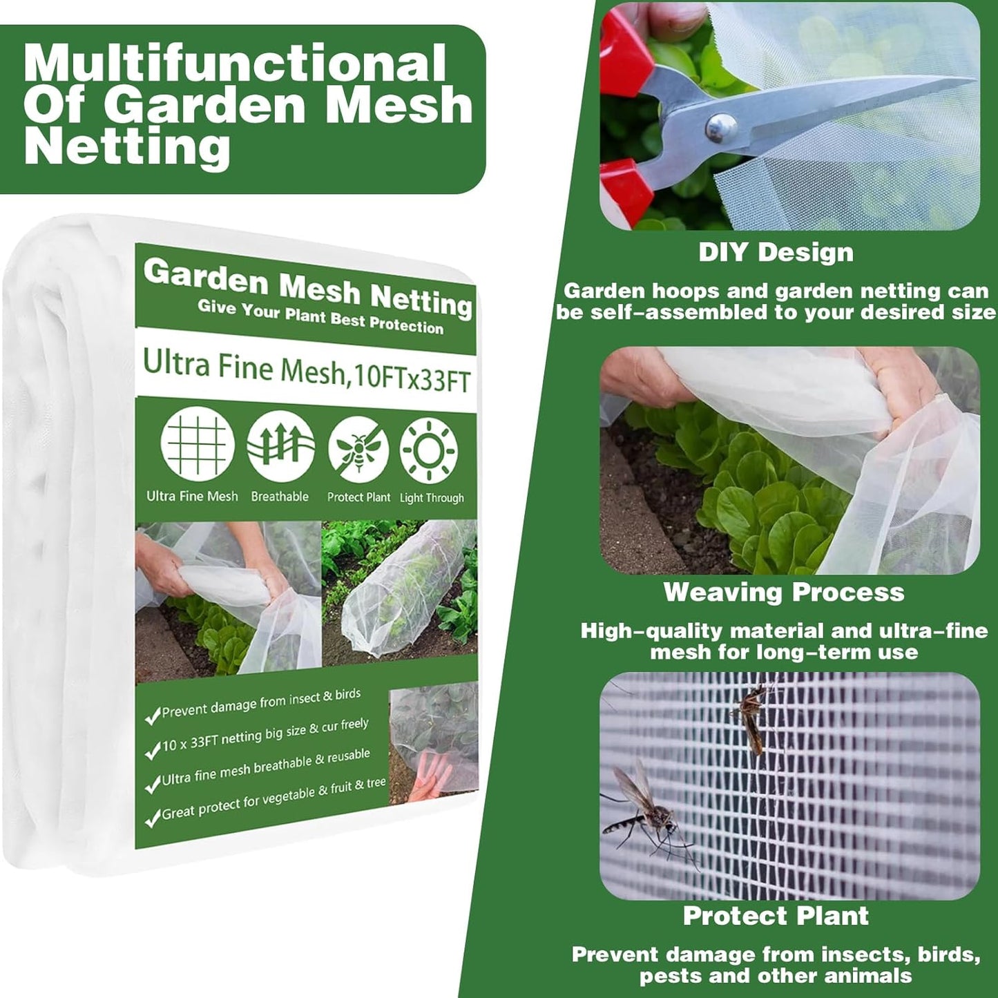Garden Mesh Netting Kit, 10x33FT Ultra Fine Mesh Netting with 6 Sets Fiberglass Garden Hoops & 24 Clips for Raised Beds Vegetable Flowers Protection Barrier Plant Covers Net