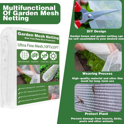 Garden Mesh Netting Kit, 10x33FT Ultra Fine Mesh Netting with 6 Sets Fiberglass Garden Hoops & 18 Clips for Tree Fruit Barrier Vegetable Fruits Flowers Shrubs Plant Covers Net